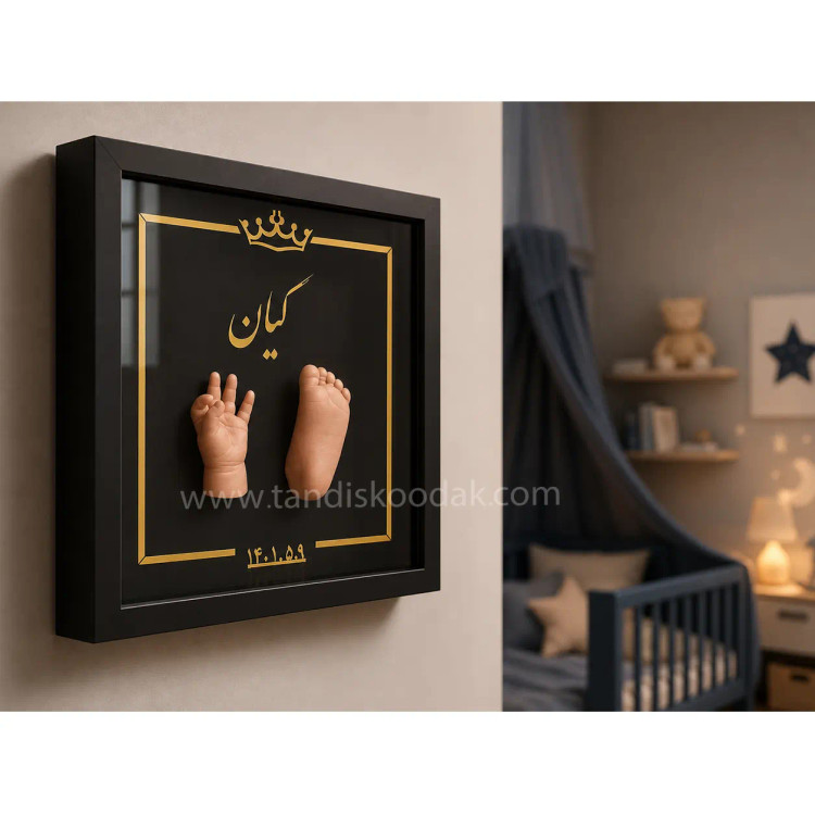نمونه قاب باکس تندیس نوزاد مدل کلاسیک با طراحی اسم و تاریخ سفارشی نیکان آرت دکور